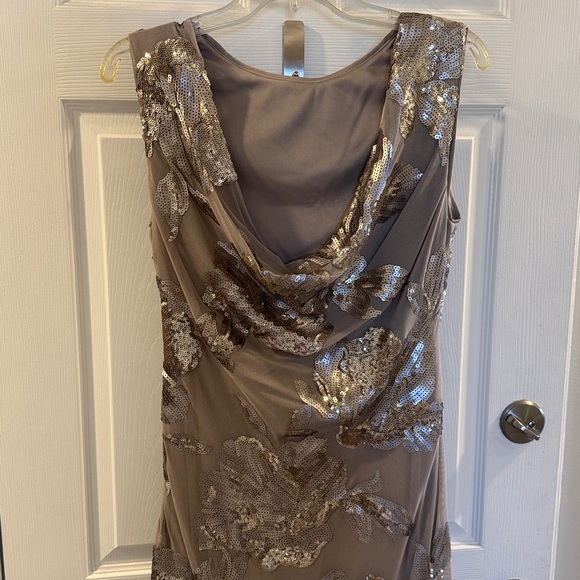Donna Karan Taupe Maxi Dress with Gold Sequin Floral Accents - Picture 2 of 3
